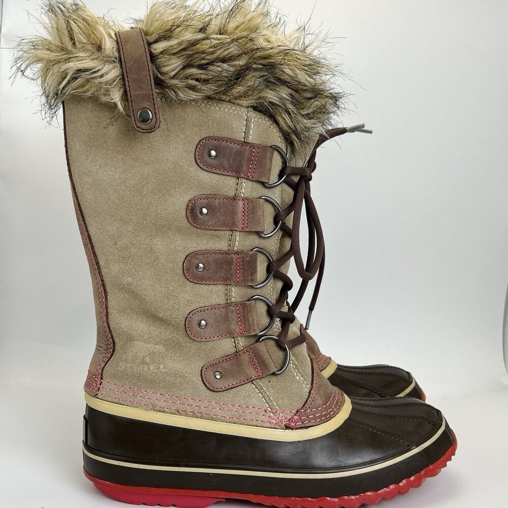 Sorel Joan of Arctic Waterproof Boots Beige/Black/Red Womens Sz 9 Fur